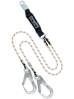 Y-Verbindungsmittel mit Bandfalldämpfer an elastischem Gurtband. Mit Karabinerhaken am BFD und zwei Gurtenden mit Rohrhaken.
